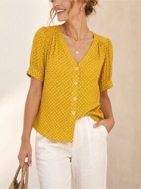 Maeve Anthropologie Mustard Yellow Textured Swiss Dot Button Front Boho Blouse 4